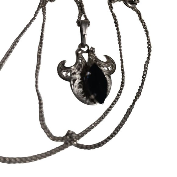 Vintage Silvertone Filigree Necklace Black Marquise Cut Stone Pendant Germany 16 - Picture 3 of 8